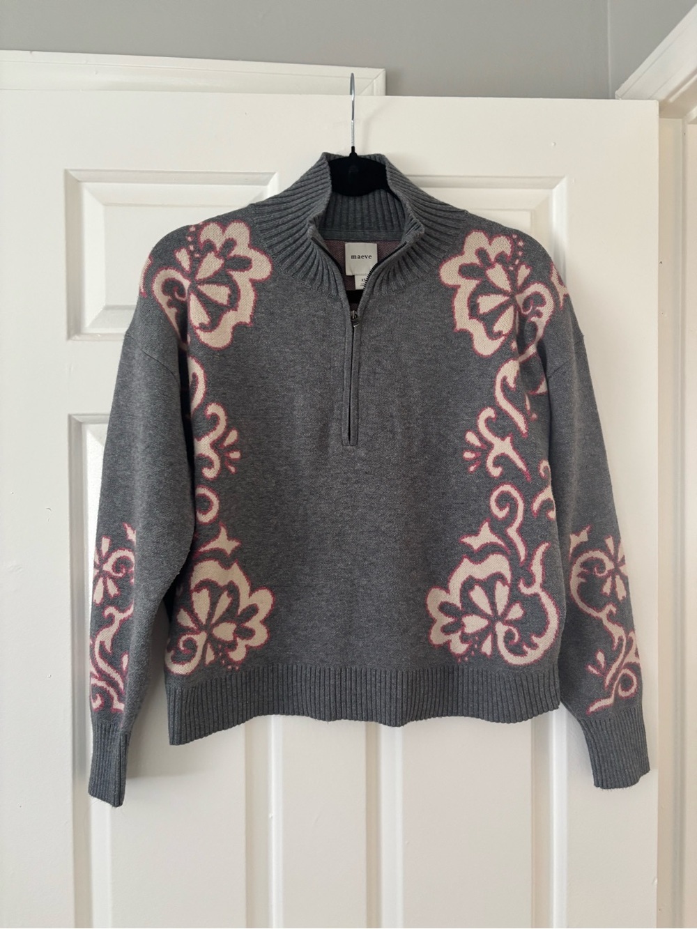Maeve by Anthropologie Gray Floral Quarter Zip Sweater | XS | Cozy Knit Pullover - Picture 3 of 8